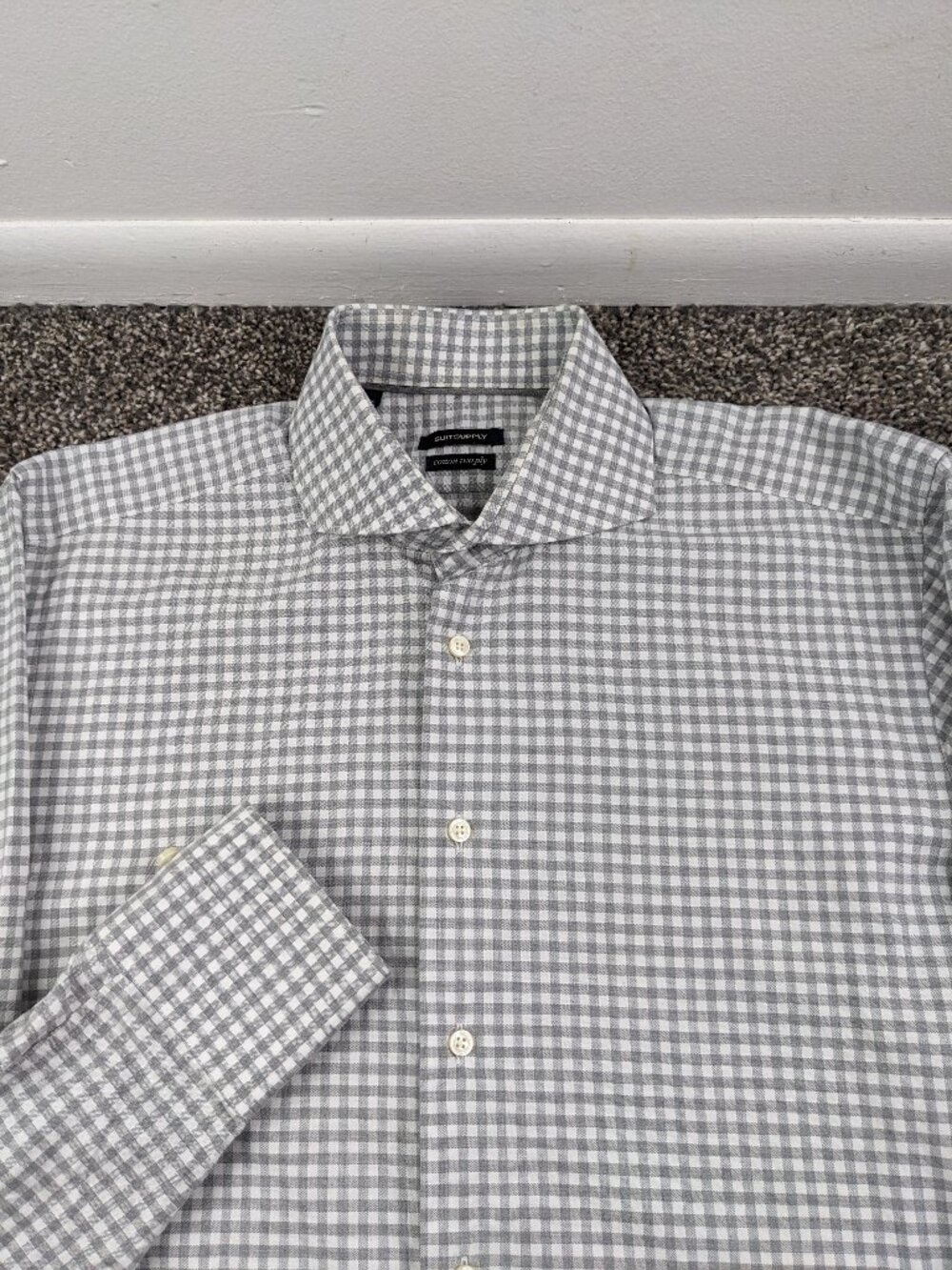 Suitsupply Dress Shirt Gingham Checked Oxford L/S Button Gray Sz 15 3/4 Slim Fit